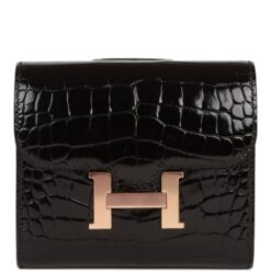 Hermès Constance Compact Wallet Black Shiny Alligator Rose Gold Hardware